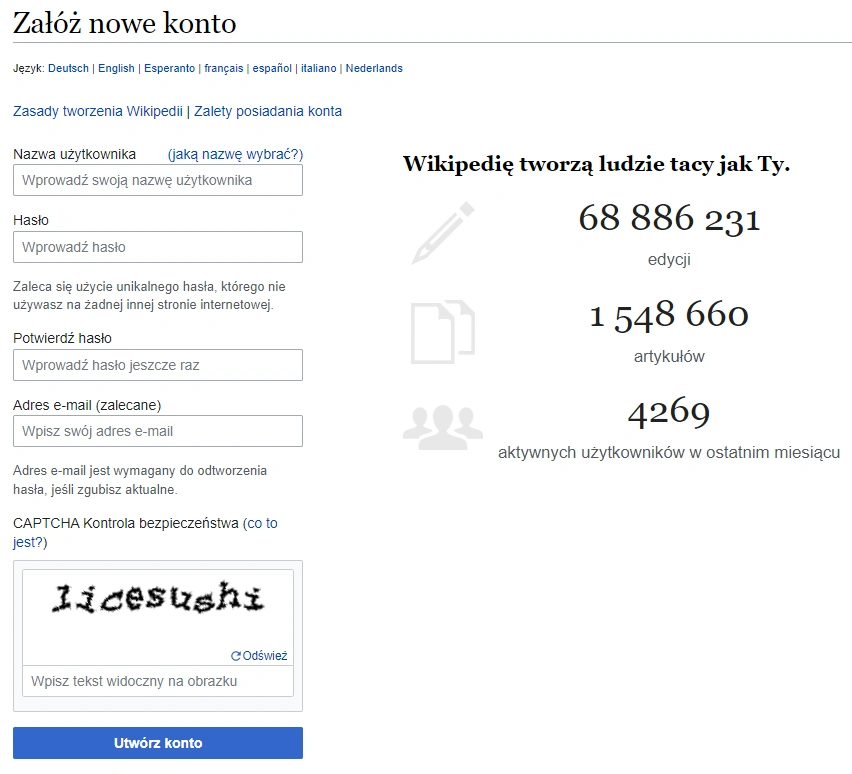Wikipedia - Strona rejestracji nowego konta
